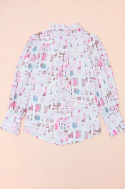 Clearance Dear-Lover Abstract Print Lantern Sleeve Casual Shirt Multicolor