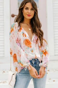 Online Dear-Lover Abstract Print Split Neck Puff Sleeve Blouse Multicolor