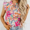 Online Dear-Lover Abstract Striped Patchwork Ruffled Short Sleeve Blouse Multicolor