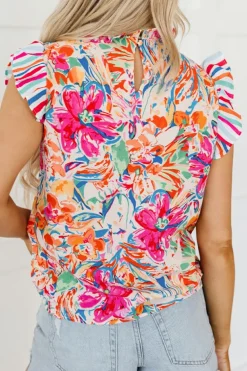 Online Dear-Lover Abstract Striped Patchwork Ruffled Short Sleeve Blouse Multicolor