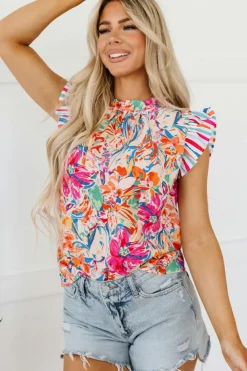 Online Dear-Lover Abstract Striped Patchwork Ruffled Short Sleeve Blouse Multicolor