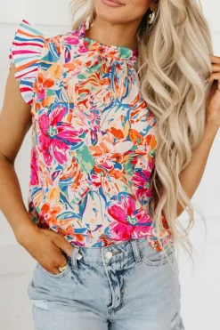 Online Dear-Lover Abstract Striped Patchwork Ruffled Short Sleeve Blouse Multicolor