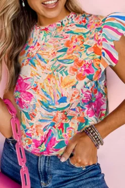 Online Dear-Lover Abstract Striped Patchwork Ruffled Short Sleeve Blouse Multicolor