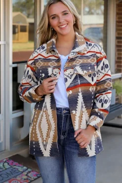 Clearance Dear-Lover Aztec Print Button-Up Oversized Jacket Multicolor