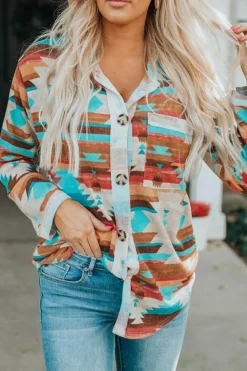 Sale Dear-Lover Aztec Print Buttoned Pocket Chest Long Sleeve Shirt Multicolor