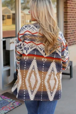 Clearance Dear-Lover Aztec Print Button-Up Oversized Jacket Multicolor