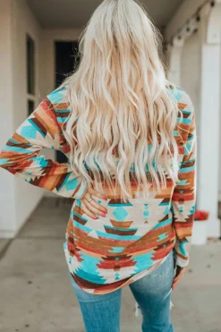 Sale Dear-Lover Aztec Print Buttoned Pocket Chest Long Sleeve Shirt Multicolor
