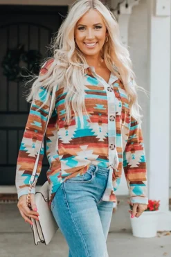 Sale Dear-Lover Aztec Print Buttoned Pocket Chest Long Sleeve Shirt Multicolor
