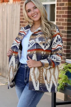 Clearance Dear-Lover Aztec Print Button-Up Oversized Jacket Multicolor