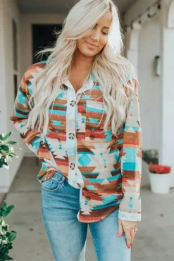 Sale Dear-Lover Aztec Print Buttoned Pocket Chest Long Sleeve Shirt Multicolor