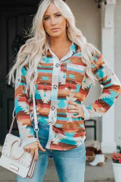 Sale Dear-Lover Aztec Print Buttoned Pocket Chest Long Sleeve Shirt Multicolor
