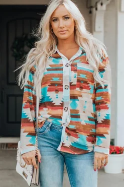 Sale Dear-Lover Aztec Print Buttoned Pocket Chest Long Sleeve Shirt Multicolor