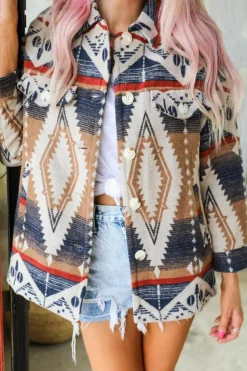 Clearance Dear-Lover Aztec Print Button-Up Oversized Jacket Multicolor
