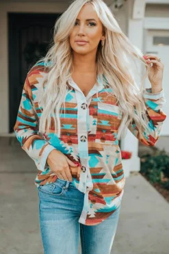 Sale Dear-Lover Aztec Print Buttoned Pocket Chest Long Sleeve Shirt Multicolor