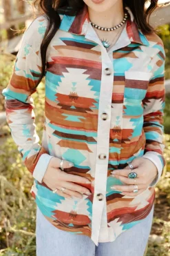 Sale Dear-Lover Aztec Print Buttoned Pocket Chest Long Sleeve Shirt Multicolor