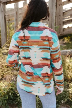 Sale Dear-Lover Aztec Print Buttoned Pocket Chest Long Sleeve Shirt Multicolor