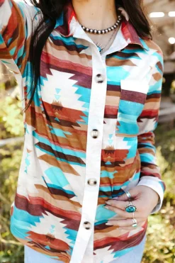 Sale Dear-Lover Aztec Print Buttoned Pocket Chest Long Sleeve Shirt Multicolor