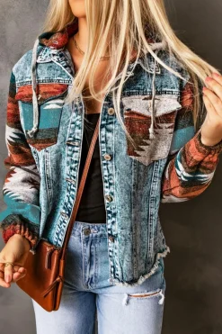 Online Dear-Lover Aztec Print Frayed Hem Denim Jacket Multicolor