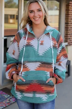 Discount Dear-Lover Aztec Print Zipped Split Neck Hoodie Multicolor