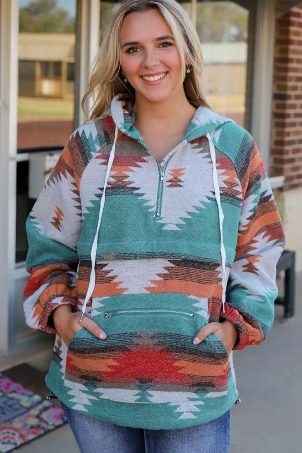 Discount Dear-Lover Aztec Print Zipped Split Neck Hoodie Multicolor
