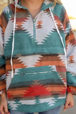 Discount Dear-Lover Aztec Print Zipped Split Neck Hoodie Multicolor
