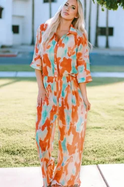 Hot Dear-Lover Bohemian Tie Dye Pleated Shirt Collar Loose Jumpsuit Multicolor