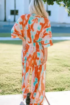 Hot Dear-Lover Bohemian Tie Dye Pleated Shirt Collar Loose Jumpsuit Multicolor