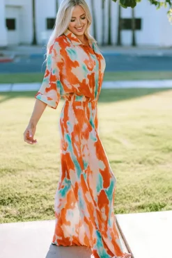 Hot Dear-Lover Bohemian Tie Dye Pleated Shirt Collar Loose Jumpsuit Multicolor