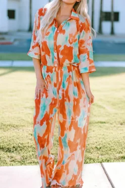 Hot Dear-Lover Bohemian Tie Dye Pleated Shirt Collar Loose Jumpsuit Multicolor