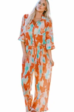 Hot Dear-Lover Bohemian Tie Dye Pleated Shirt Collar Loose Jumpsuit Multicolor