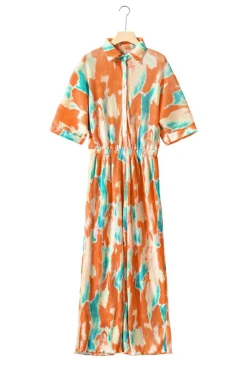 Hot Dear-Lover Bohemian Tie Dye Pleated Shirt Collar Loose Jumpsuit Multicolor