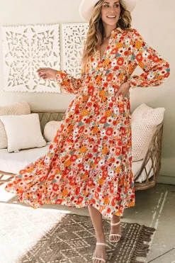 Discount Dear-Lover Boho Floral Collared Long Sleeve Ruffled Dress Multicolor