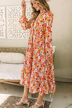 Discount Dear-Lover Boho Floral Collared Long Sleeve Ruffled Dress Multicolor