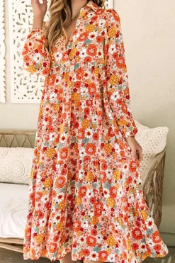 Discount Dear-Lover Boho Floral Collared Long Sleeve Ruffled Dress Multicolor