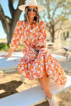 Discount Dear-Lover Boho Floral Collared Long Sleeve Ruffled Dress Multicolor