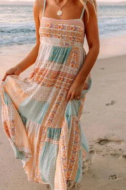 Outlet Dear-Lover Boho Patchwork Print Square Neck Sundress Multicolor
