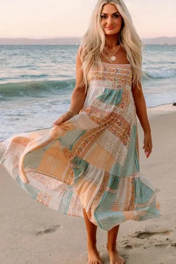Outlet Dear-Lover Boho Patchwork Print Square Neck Sundress Multicolor
