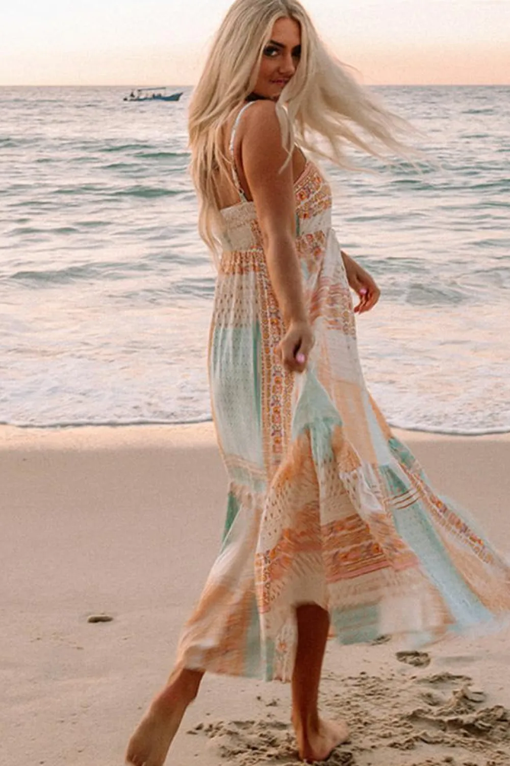 Outlet Dear-Lover Boho Patchwork Print Square Neck Sundress Multicolor