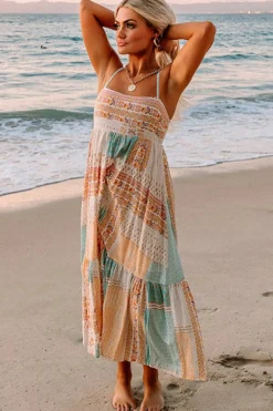 Outlet Dear-Lover Boho Patchwork Print Square Neck Sundress Multicolor