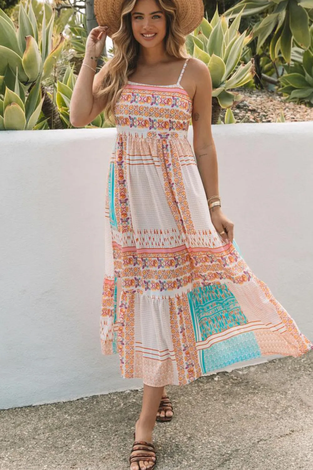 Outlet Dear-Lover Boho Patchwork Print Square Neck Sundress Multicolor