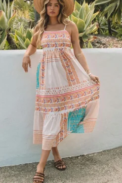 Outlet Dear-Lover Boho Patchwork Print Square Neck Sundress Multicolor