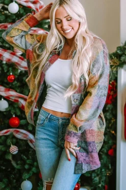 Discount Dear-Lover Brushed Plaid Pocketed Oversize Shacket Multicolor
