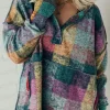 Fashion Dear-Lover Brushed Plaid Buttoned Pullover Oversized Hoodie Multicolor
