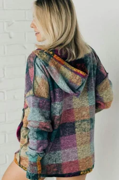 Fashion Dear-Lover Brushed Plaid Buttoned Pullover Oversized Hoodie Multicolor