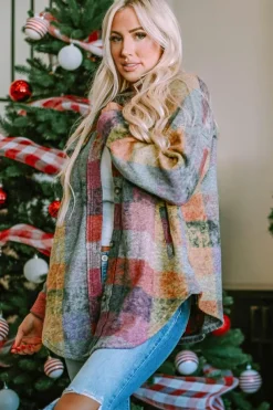 Discount Dear-Lover Brushed Plaid Pocketed Oversize Shacket Multicolor