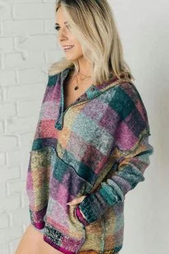 Fashion Dear-Lover Brushed Plaid Buttoned Pullover Oversized Hoodie Multicolor