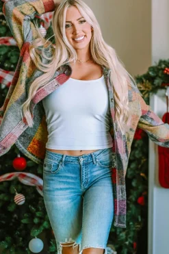 Discount Dear-Lover Brushed Plaid Pocketed Oversize Shacket Multicolor