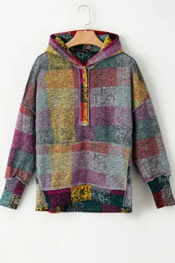 Fashion Dear-Lover Brushed Plaid Buttoned Pullover Oversized Hoodie Multicolor