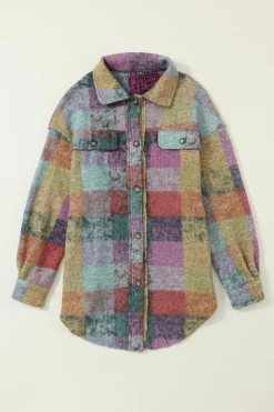 Discount Dear-Lover Brushed Plaid Pocketed Oversize Shacket Multicolor