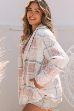Best Dear-Lover Checker Print Turn Down Collar Sherpa Shacket Multicolor
